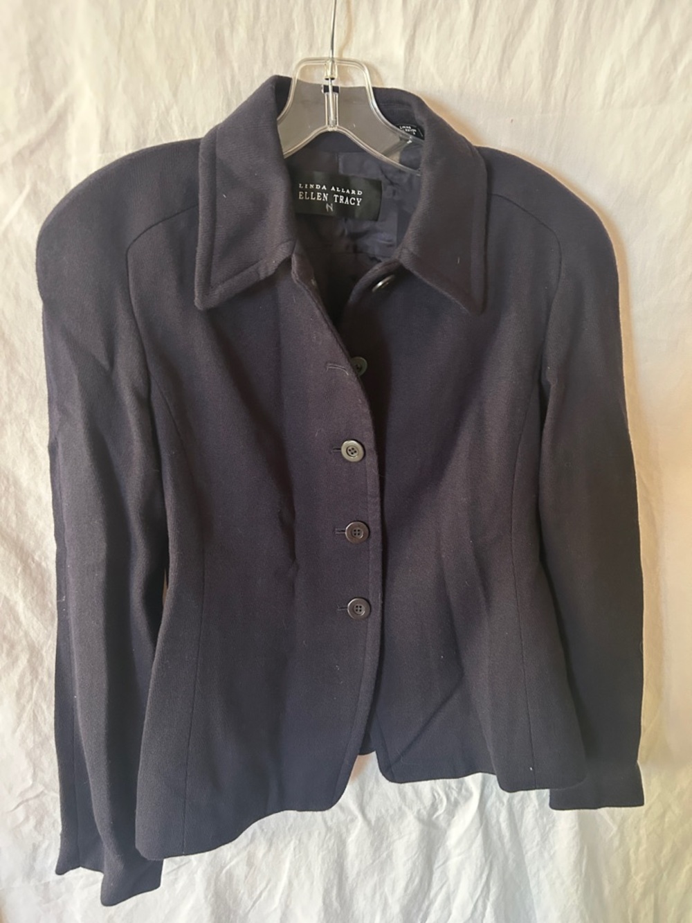 Ellen Tracy Dark Navy Fitted Button-Front Wool Blazer
